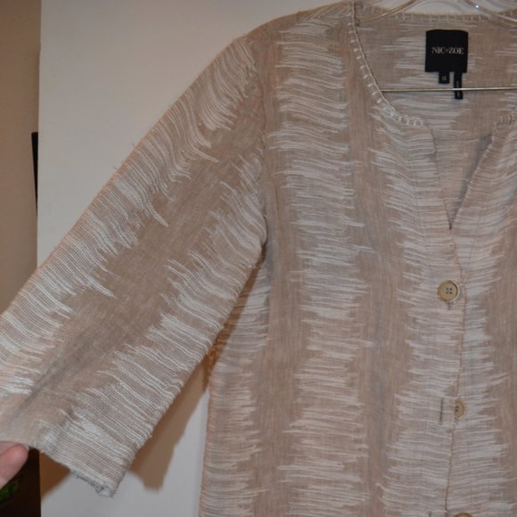 NIC+ZOE Linen/ Cotton Long Jacket Tan-White Buttons Ladies XS - Picture 3 of 9